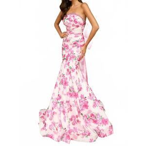 NEW AVA PRESLEY long floral taffeta gown in white/pink